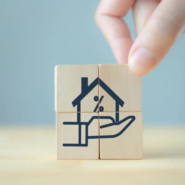 Une main tenant un bloc de maison avec une icône de maison, symbolisant des emprunts instantanés.