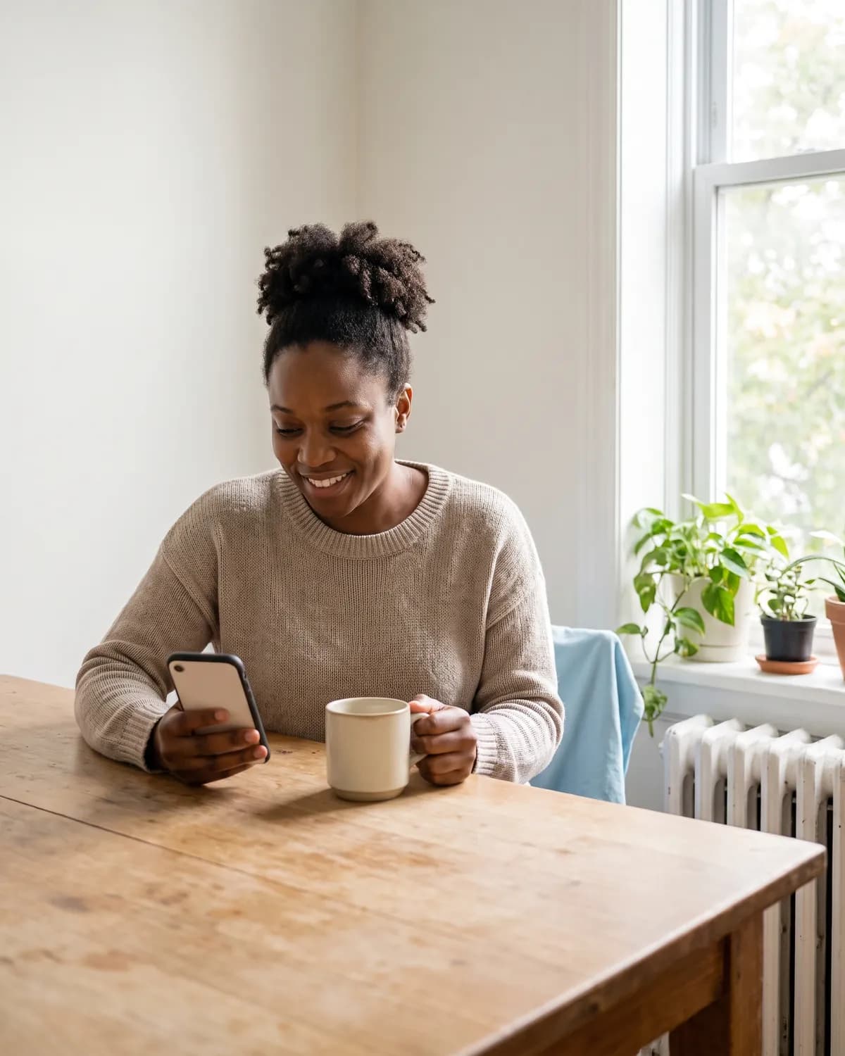 A woman at her kitchen table in the morning light, smiling at her phone